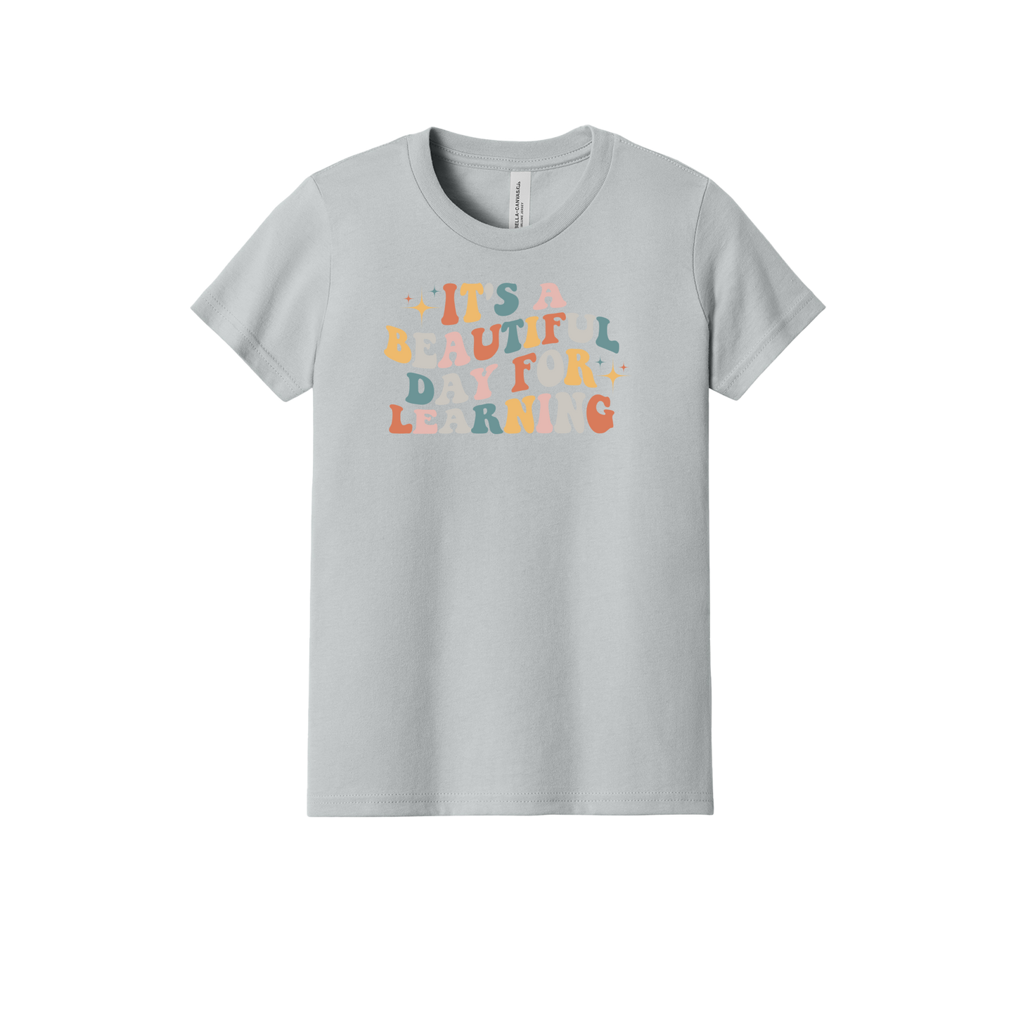 It's a Beautiful Day for Learning design on a Heather Athletic Gray youth T-shirt, front view.