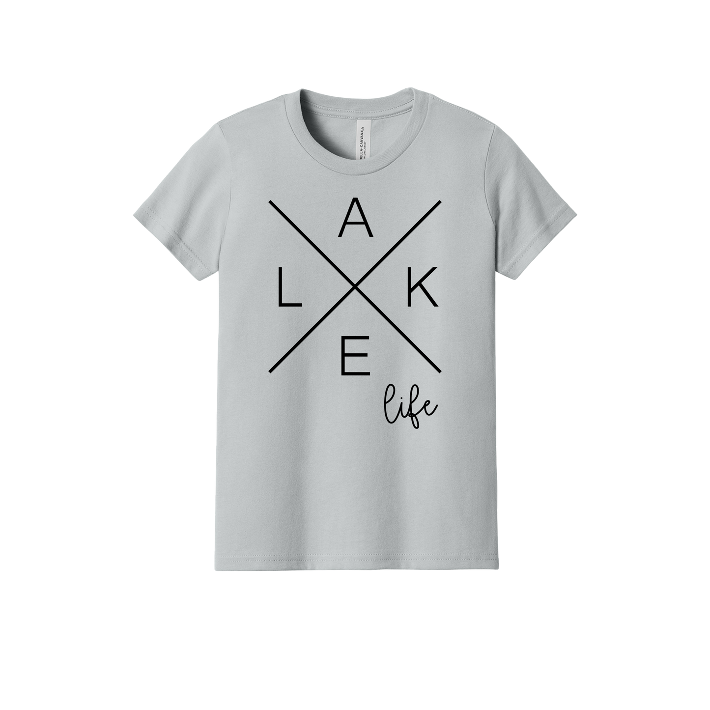 Lake Life design on a Heather Athletic Gray youth T-shirt, front view.