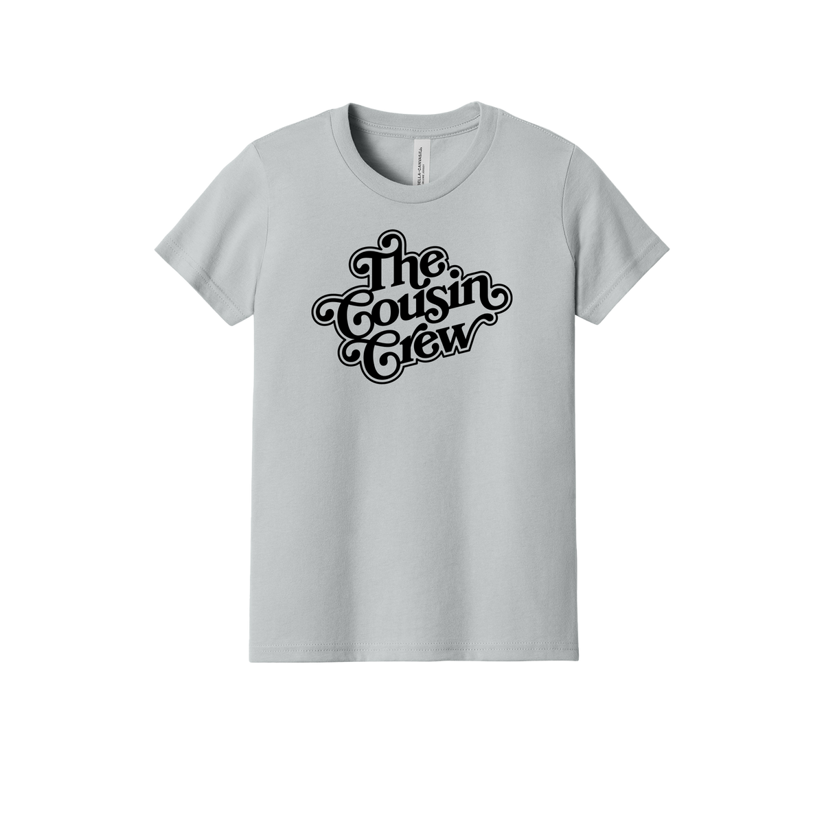 The Cousin Crew design on a Heather Athletic Gray youth T-shirt, front view.