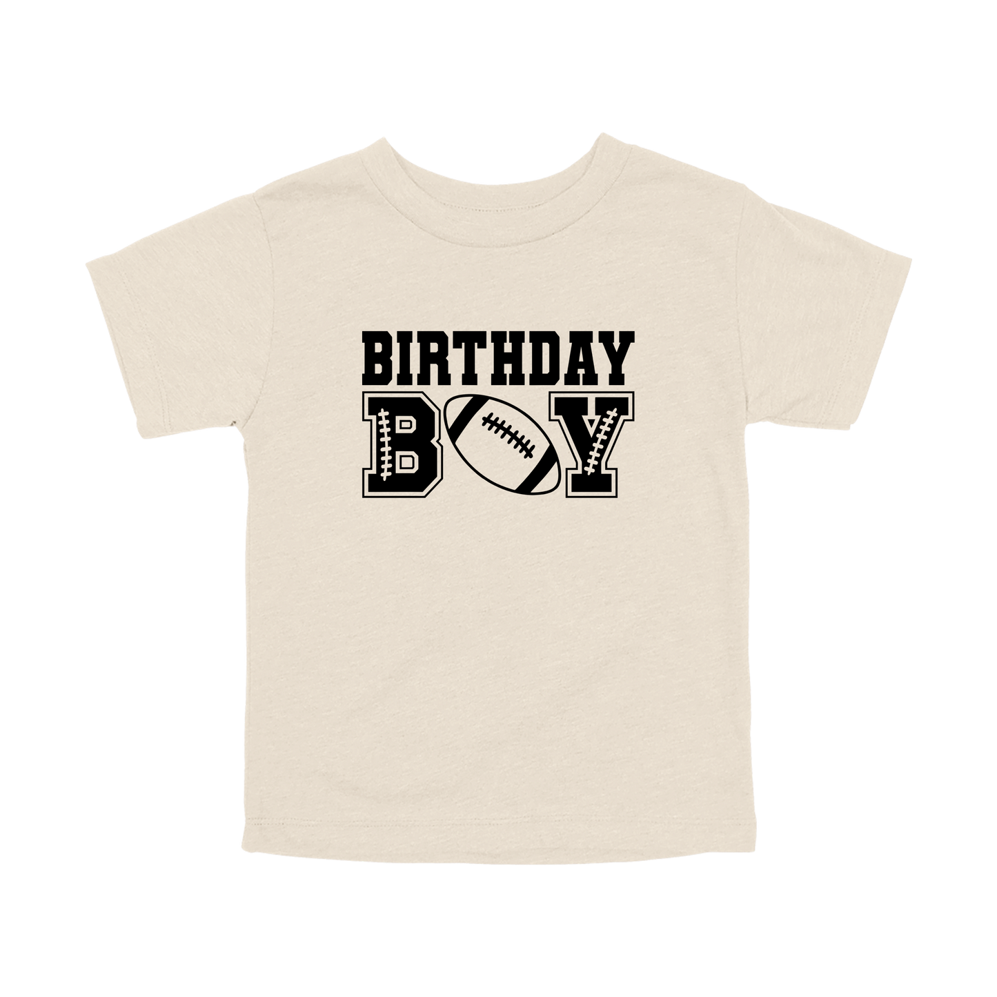 Football Birthday Boy design on a Natural toddler T-shirt, front view.