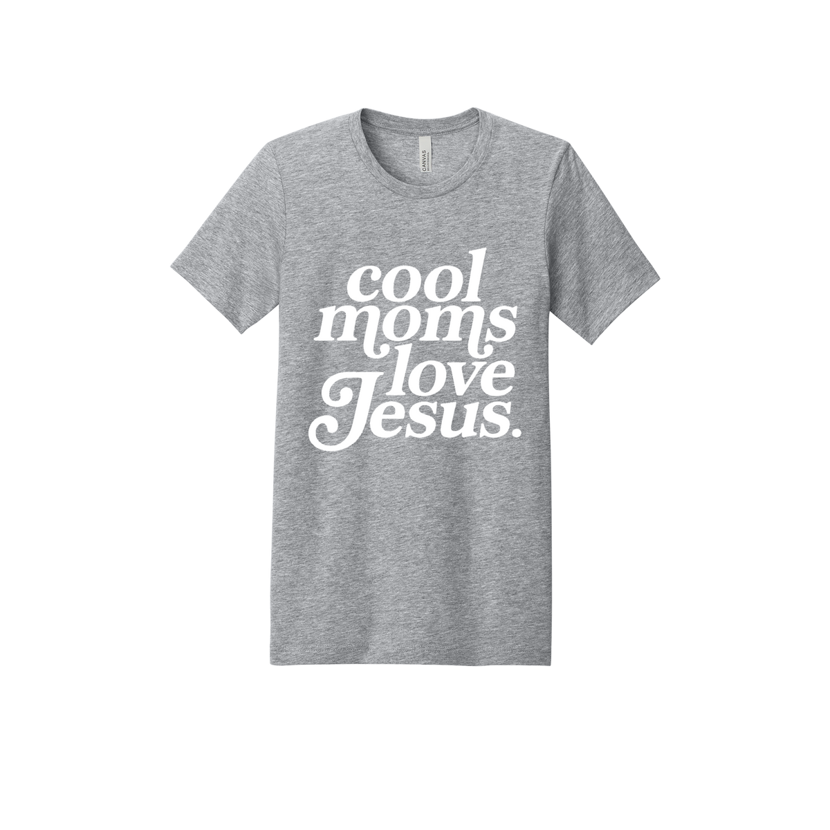 Cool Moms Love Jesus - White Design design on a Heather Athletic Gray adult T-shirt, front view.