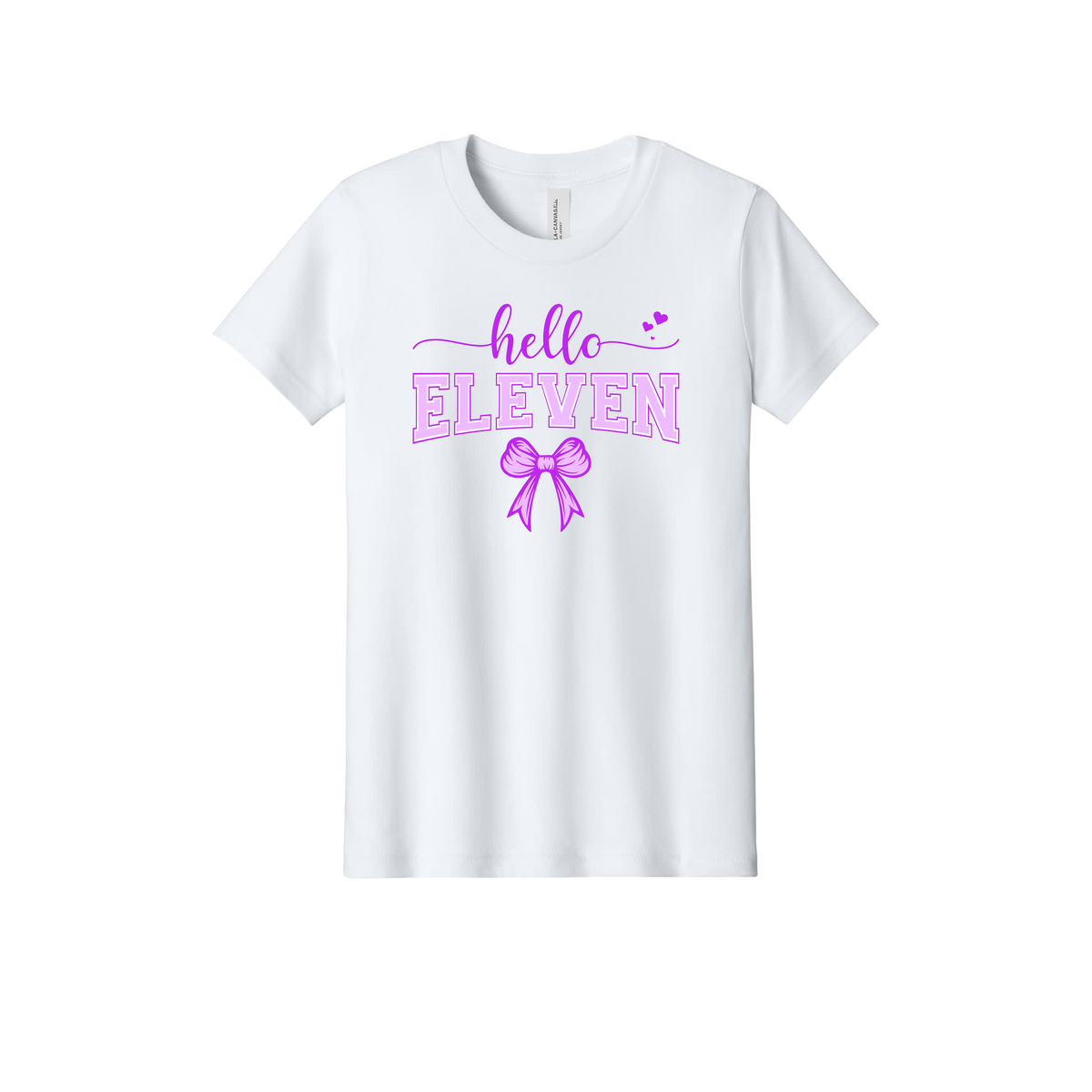 11th Birthday Apparel design on official Youth Bella+Canvas T-shirt in White, front view.