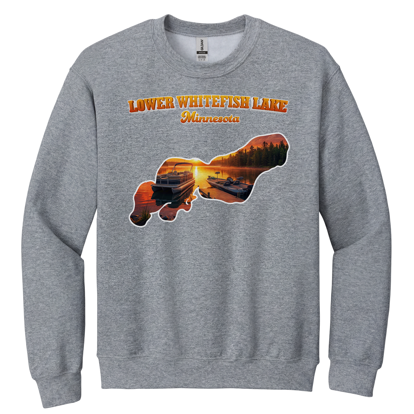 Lower White Fish Lake design on Heather Grey crewneck sweatshirt