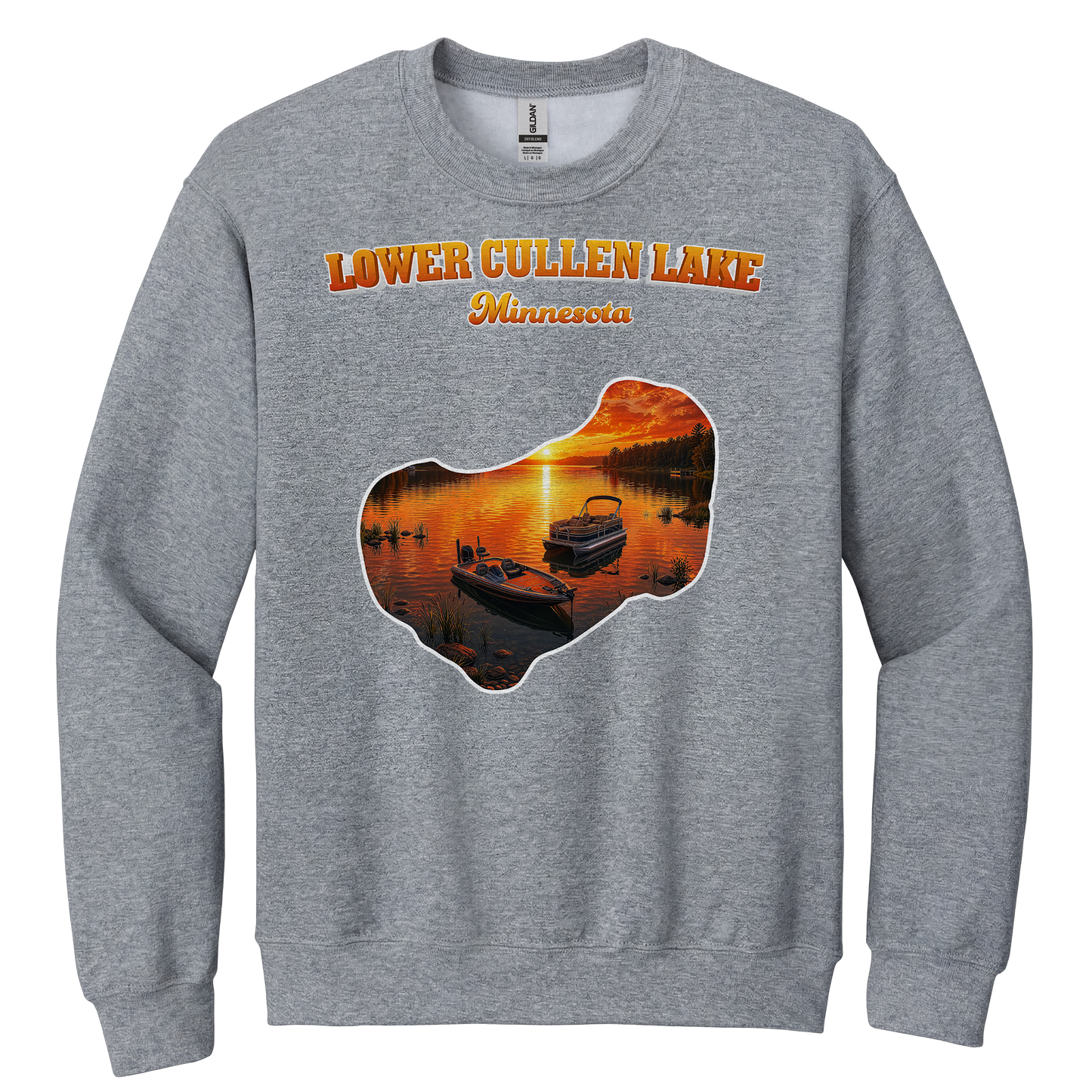 Lower Cullen Lake design on Gray crewneck sweatshirt