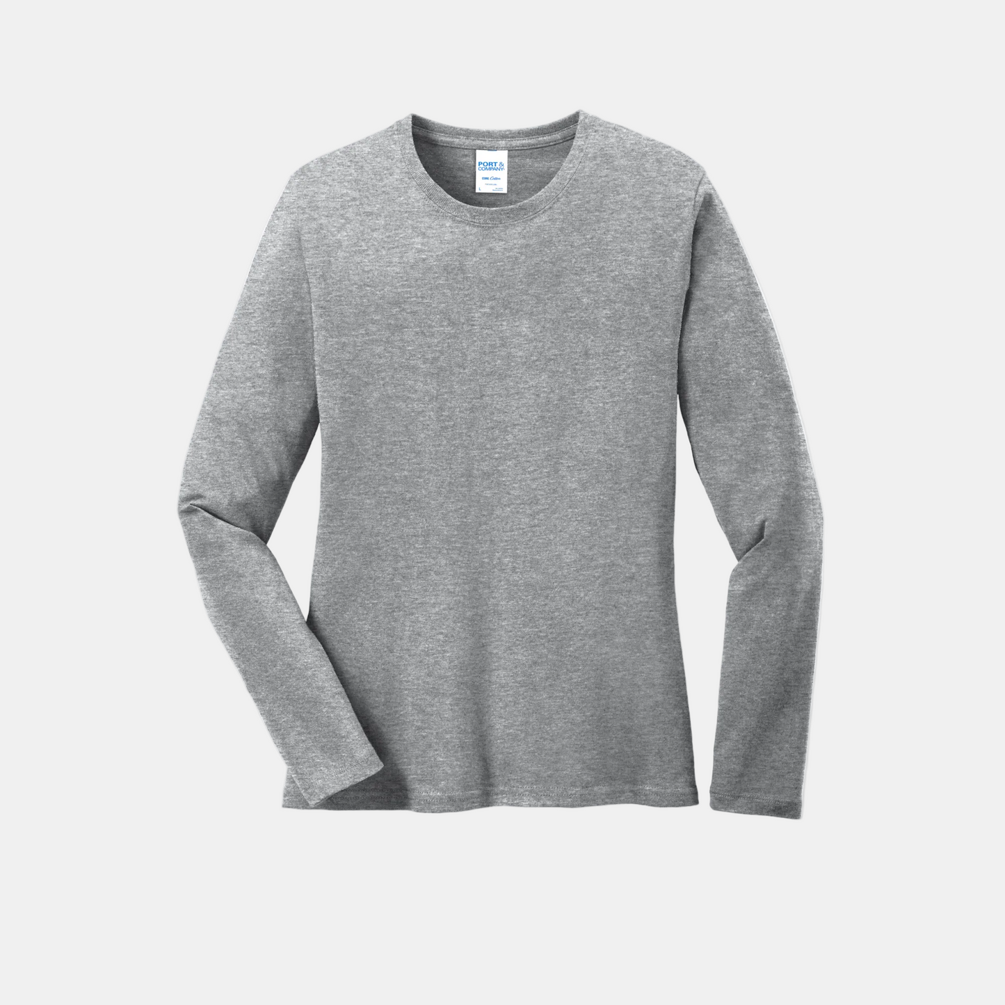 Custom women's Port & Company long-sleeve core tee in Heather Athletic, front view