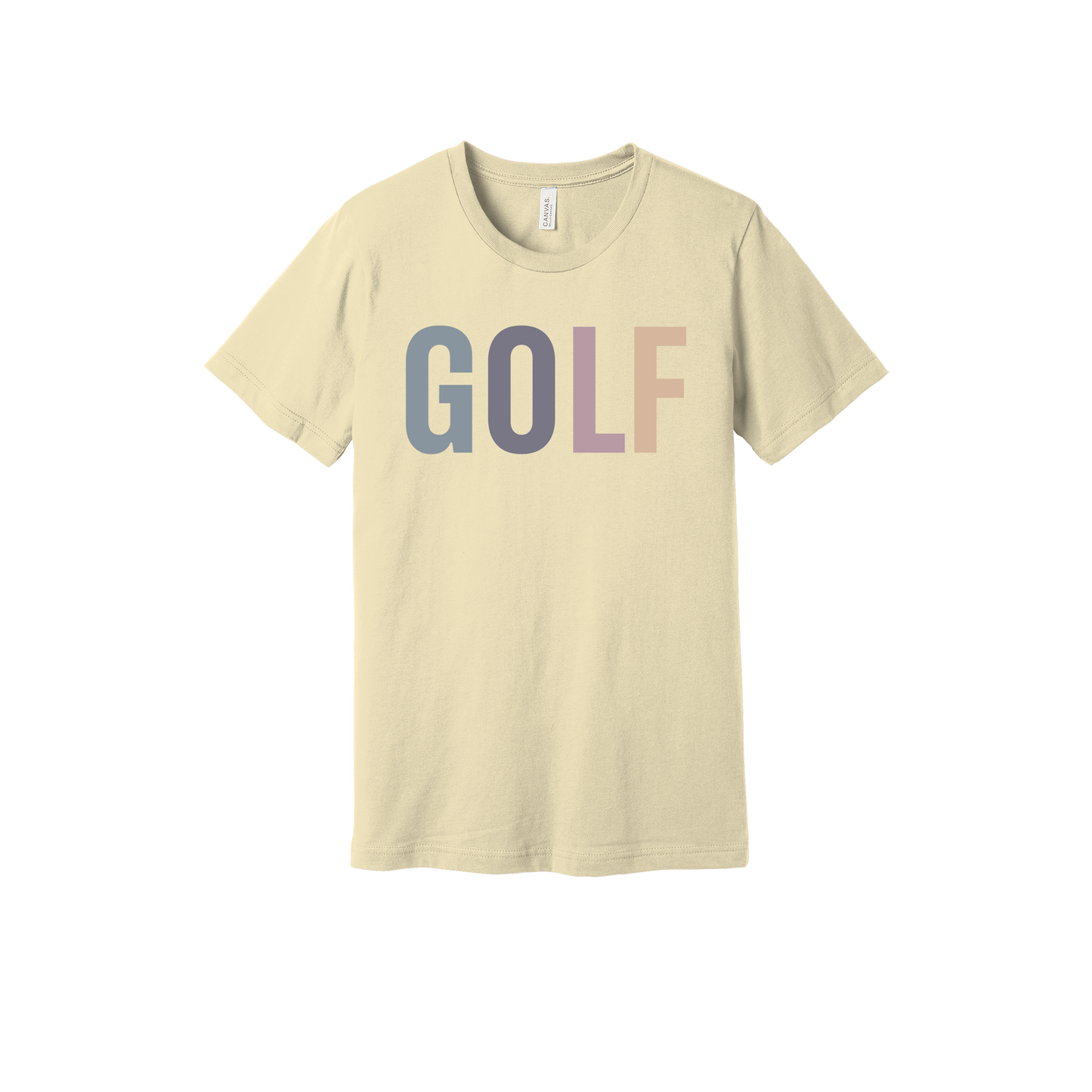 Golf design shown on Natural adult Bella+Canvas 3001 T-shirt.