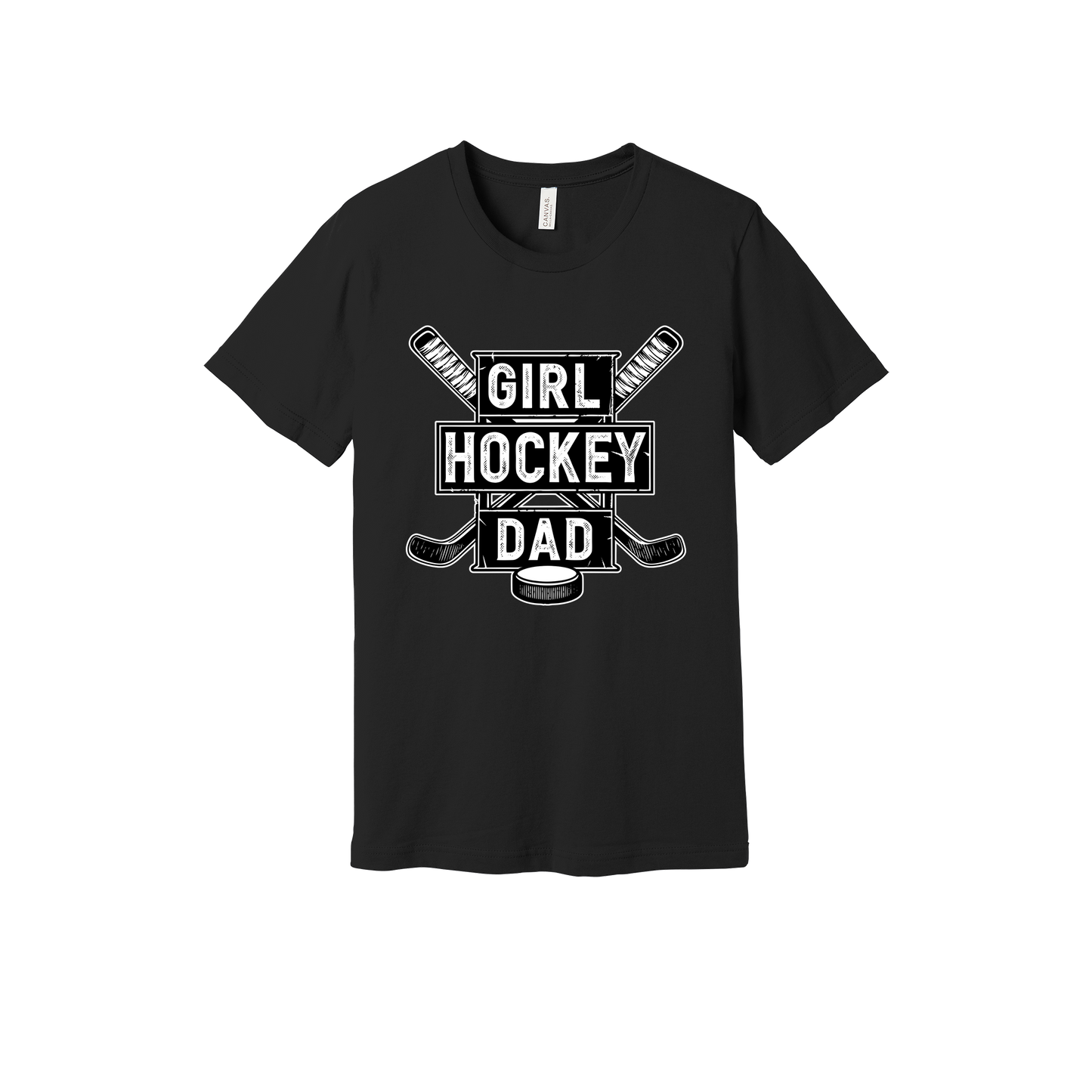 Girl Hockey Dad design shown on Black adult Bella+Canvas 3001 T-shirt.