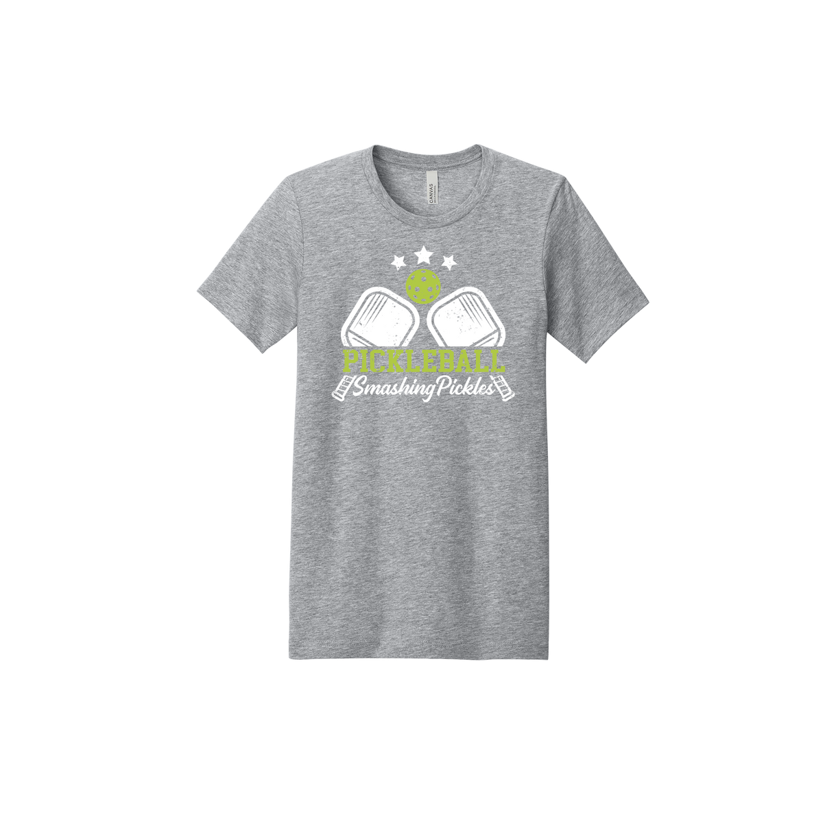 Pickleball design shown on Heather Athletic adult Bella+Canvas BC3001CVC T-shirt, front view.