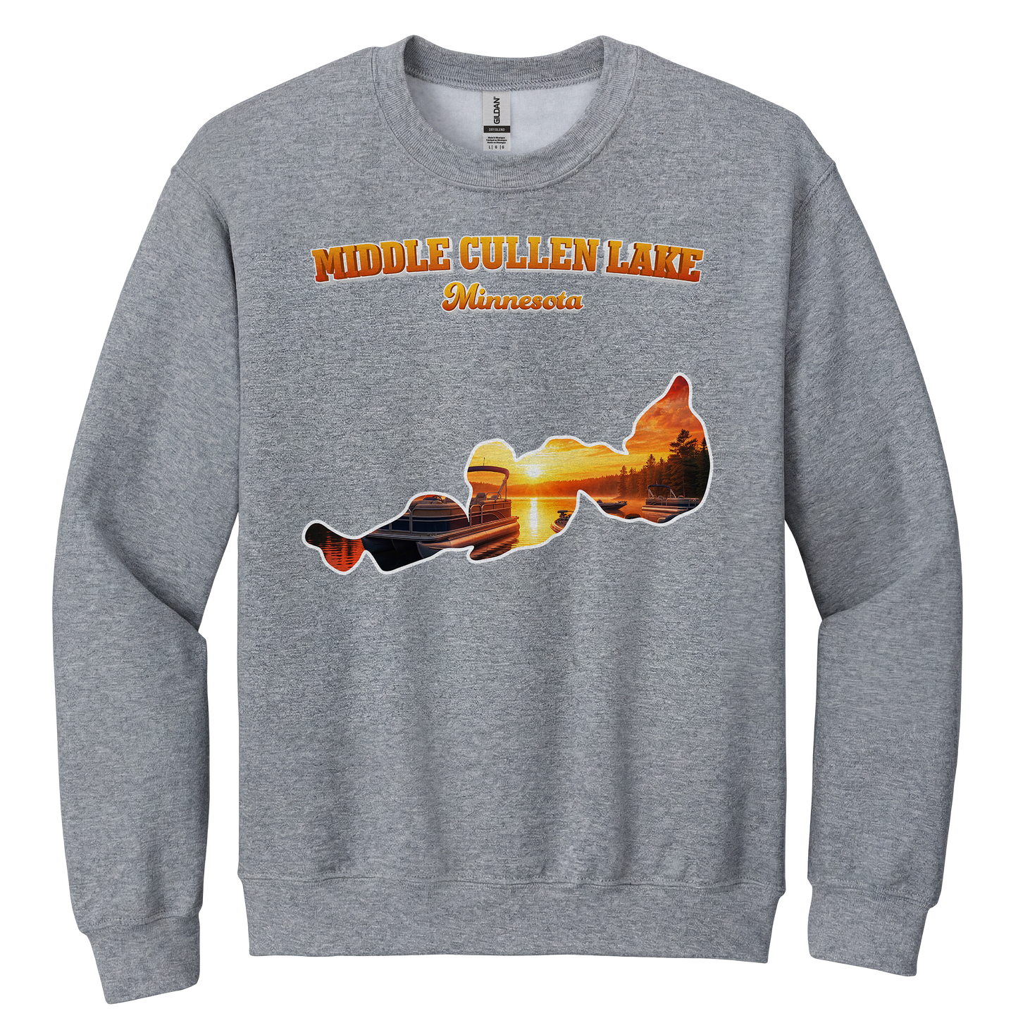 Middle Cullen Lake design on Heather Grey crewneck sweatshirt