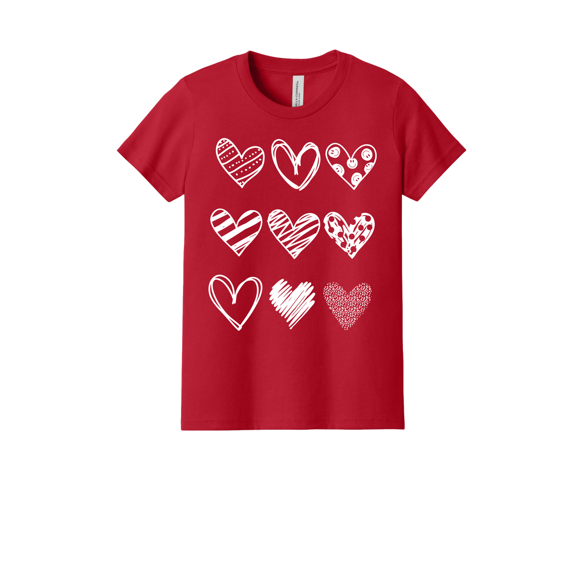 Hearts Apparel design on approved Youth Red T-shirt, front view.