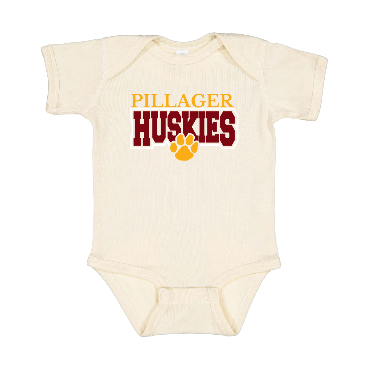 Pillager Huskies school-spirit design on Natural infant Onesie, front view.