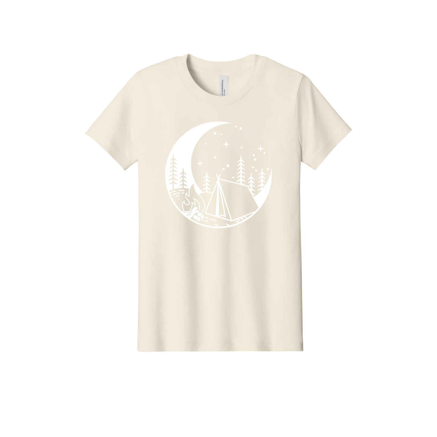 Camping design on Natural youth T-Shirt, front view.