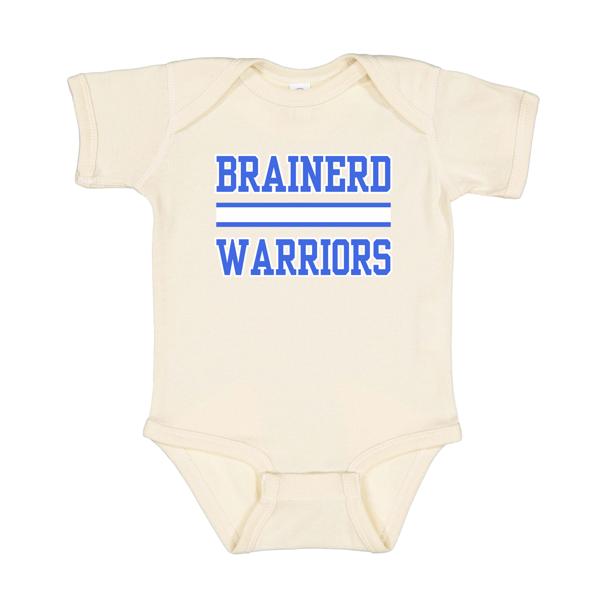 Brainerd Warriors design on Natural infant Onesie, front view.
