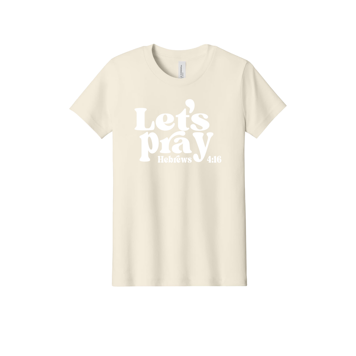 Let's Pray front design on Natural youth T-Shirt, front view.