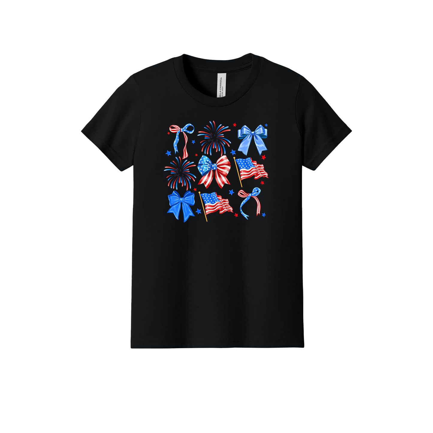 4th of July Bow Apparel design on official Youth Bella+Canvas T-shirt in Black, front view.