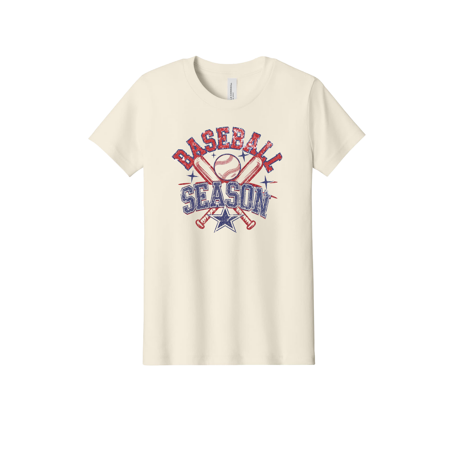 Baseball Season Apparel design on official Youth Bella+Canvas T-shirt in Natural, front view.