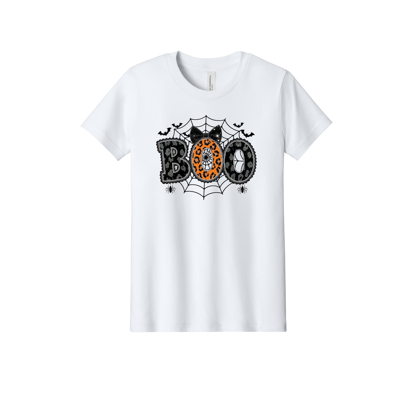 BOO Apparel design on official Youth Bella+Canvas T-shirt in White, front view.