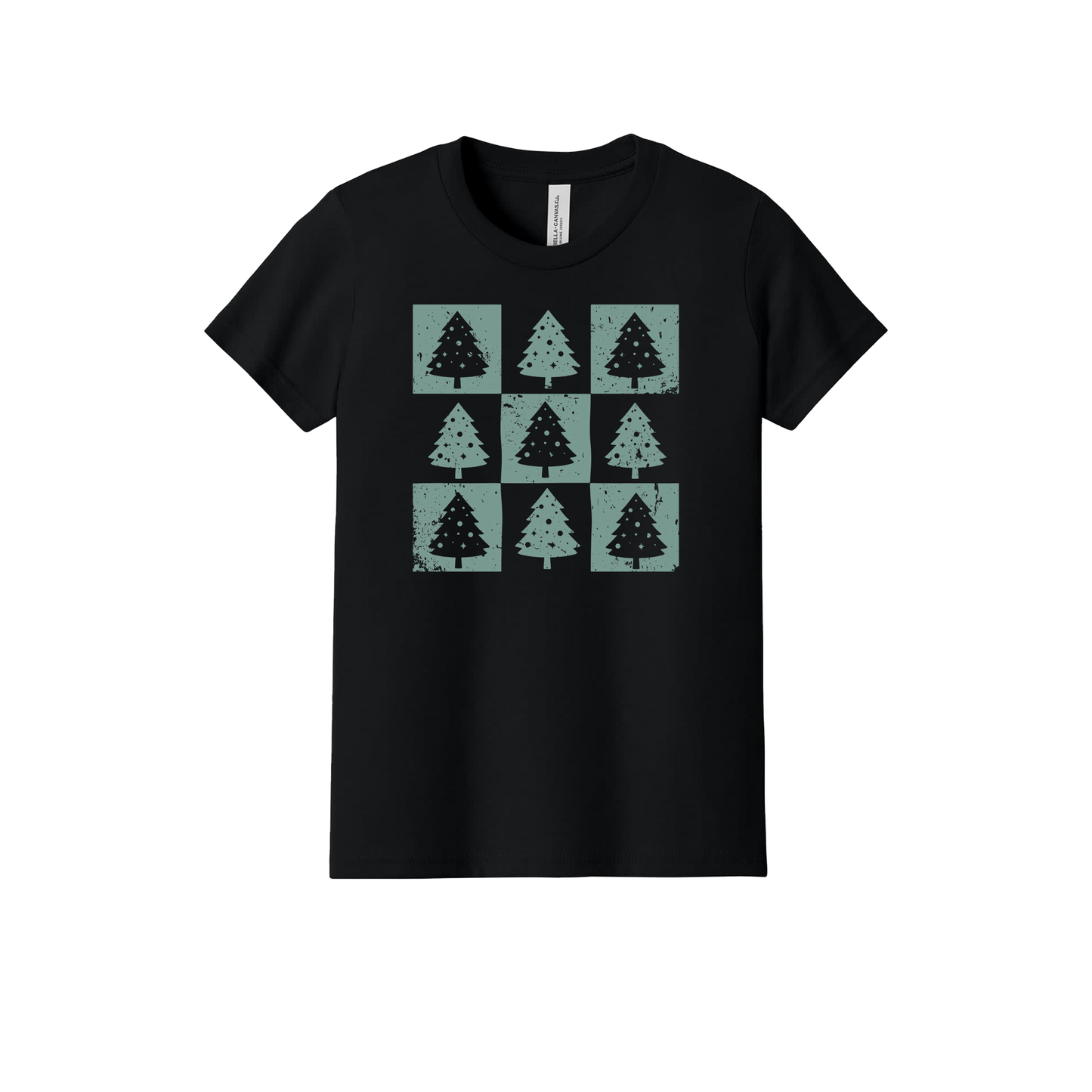 Checkered Trees Apparel design on official Youth Bella+Canvas T-shirt in Black, front view.