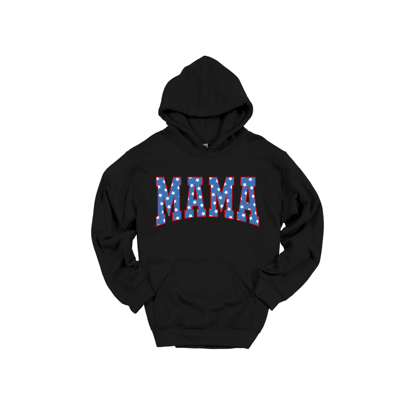 Mama Patriotic Varsity Apparel design on adult hoodie in black, front view.
