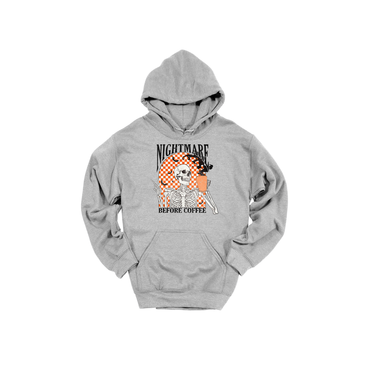 Nightmare Before Coffee Apparel design on adult hoodie in gray, front view.
