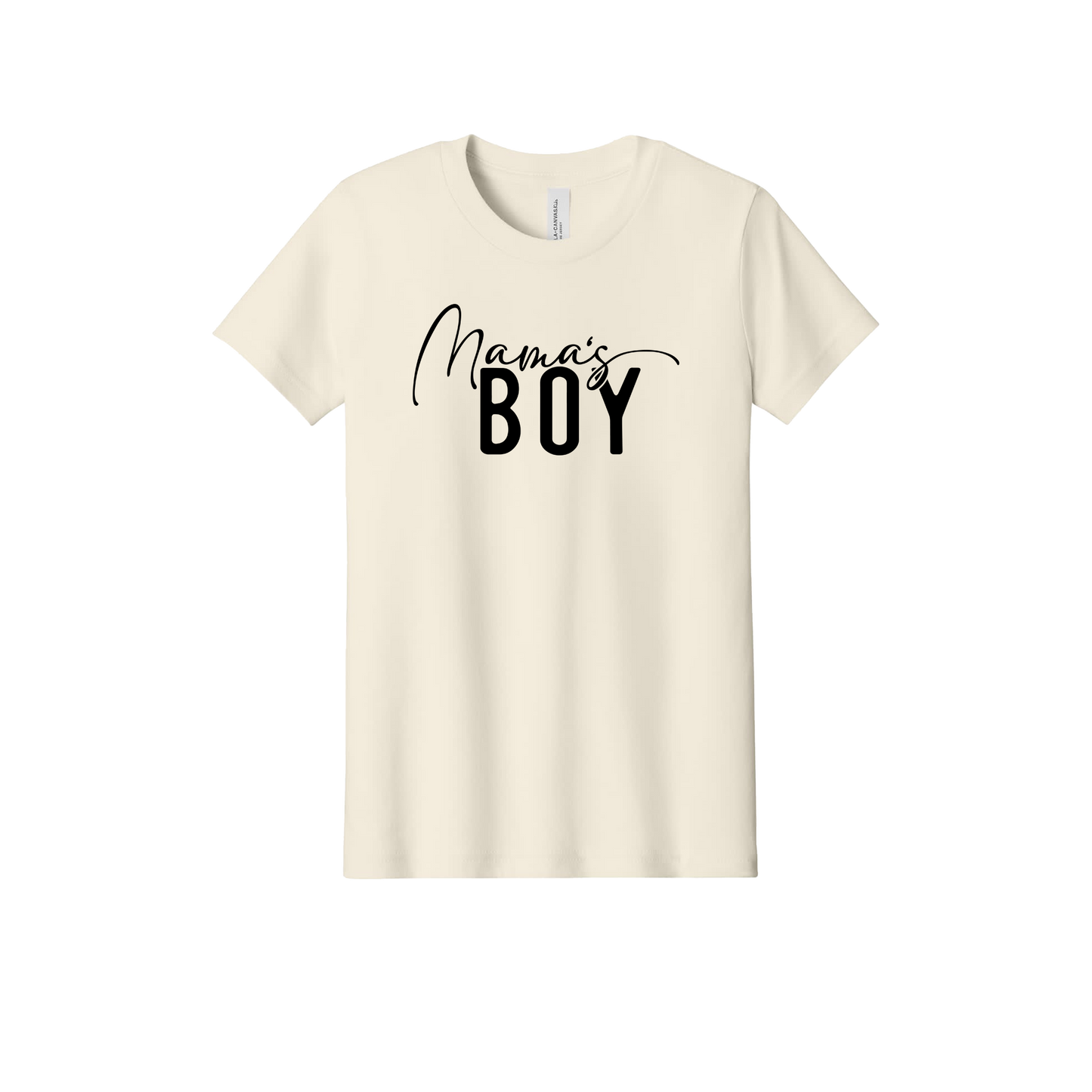 Mama Boy Apparel design on official Youth Bella+Canvas T-shirt in Natural, front view.
