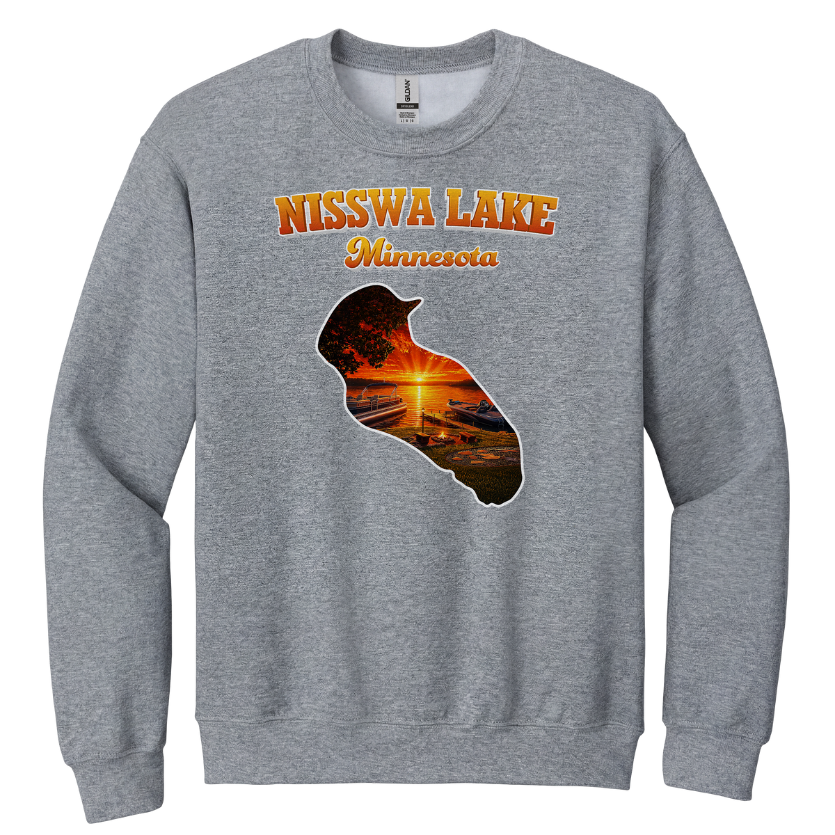 Nisswa Lake design on Heather Grey crewneck sweatshirt