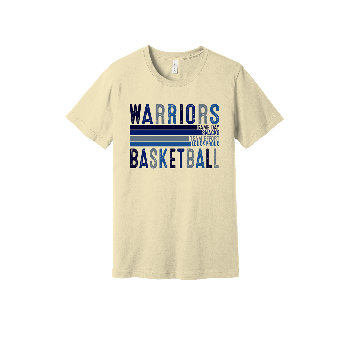 Warriors Basketball design shown on Natural adult Bella+Canvas 3001 T-shirt.