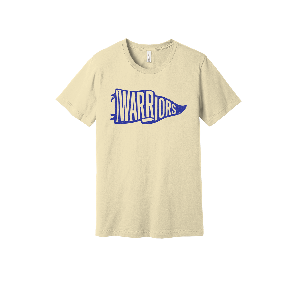 Warriors Banner design shown on Natural adult Bella+Canvas 3001 T-shirt.