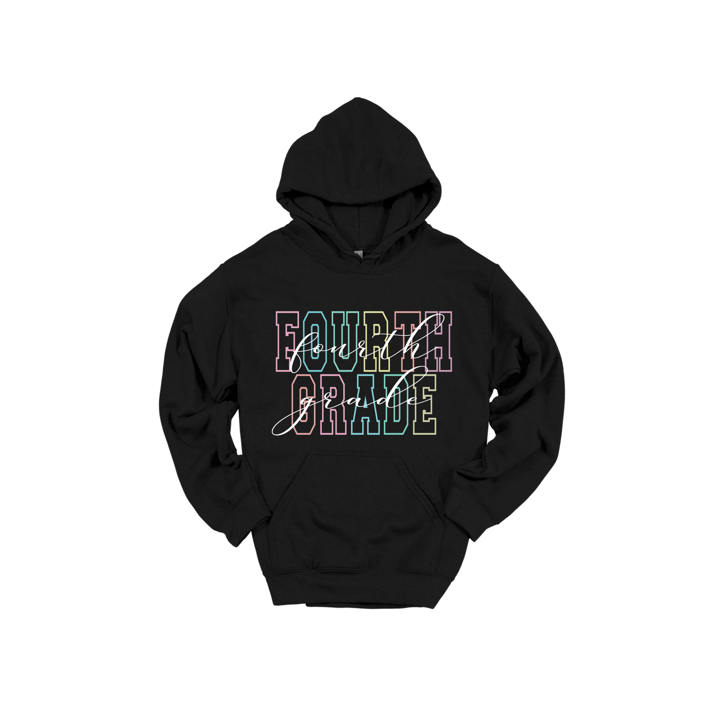 Fourth Grade design shown on Black adult Gildan hoodie.