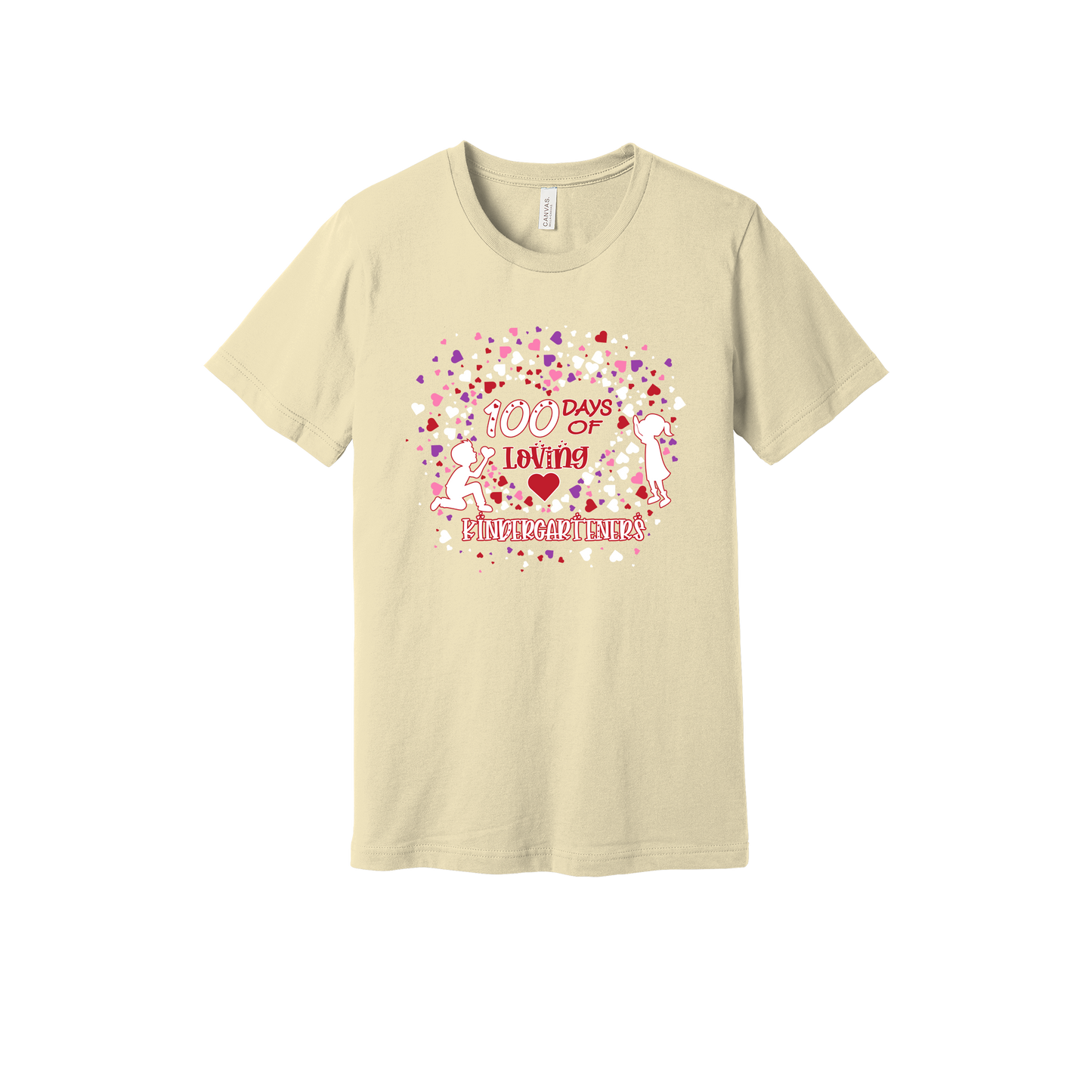 100 Days of Loving Kindergarteners design shown on Natural adult Bella+Canvas 3001 T-shirt.
