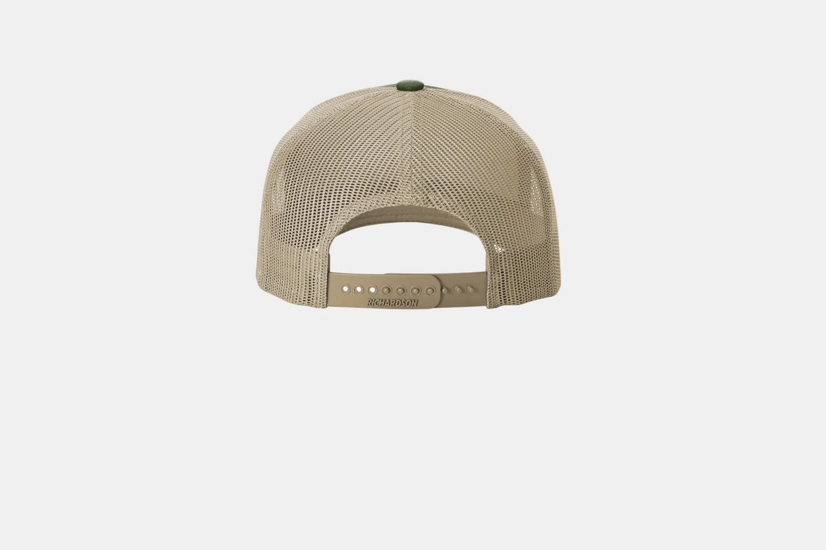 Custom Richardson 112FP five-panel trucker hat in Tan, back view
