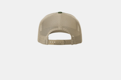 Custom Richardson 112FP five-panel trucker hat in Tan, back view