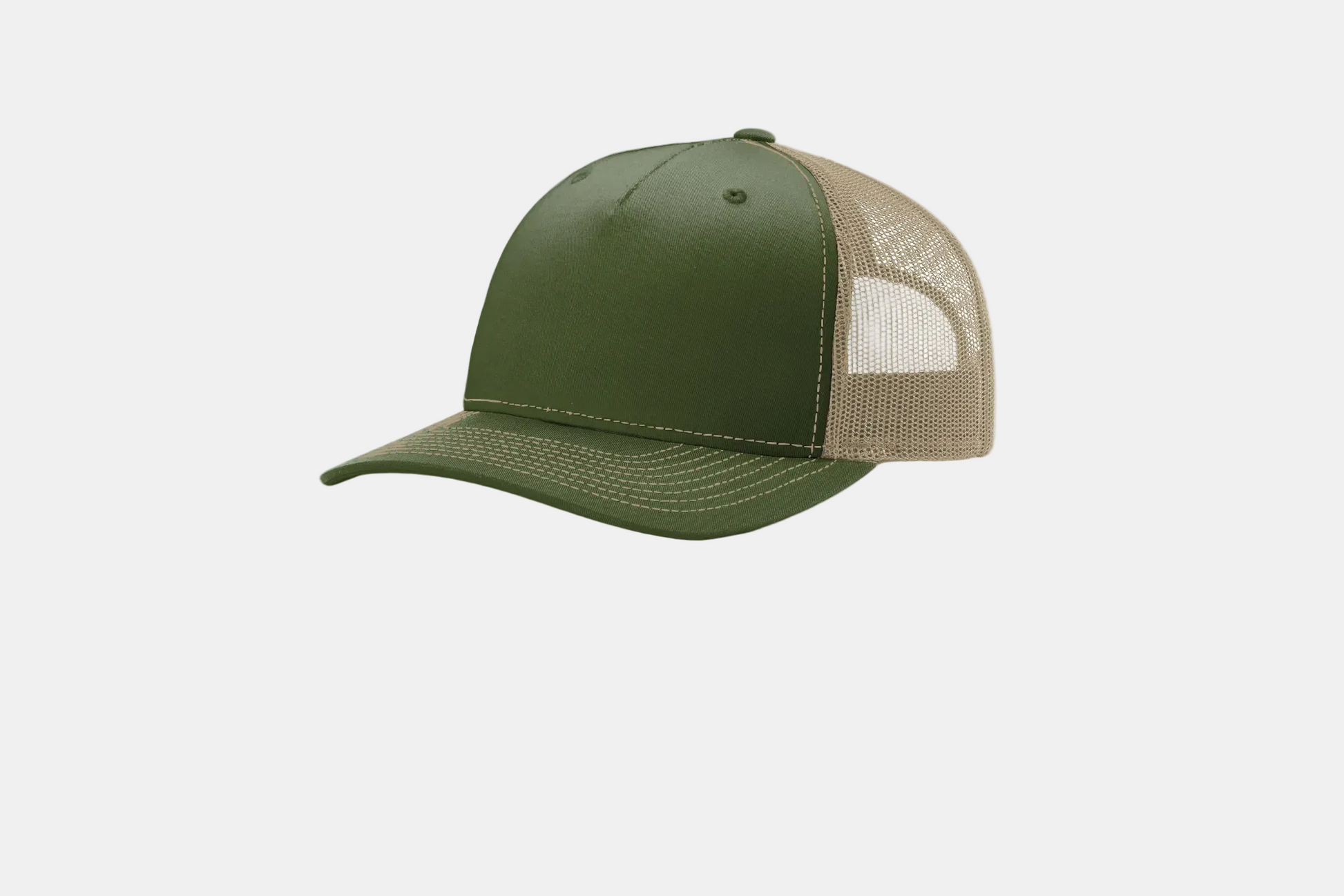 Custom Richardson 112FP five-panel trucker hat in Army Olive Green/Tan, detail view