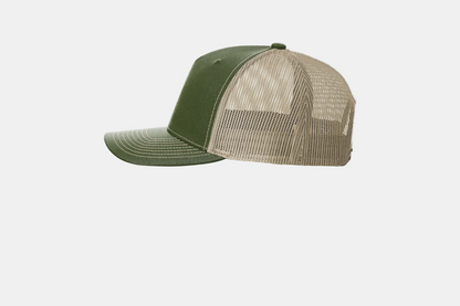 Custom Richardson 112FP five-panel trucker hat in Tan, left-side view