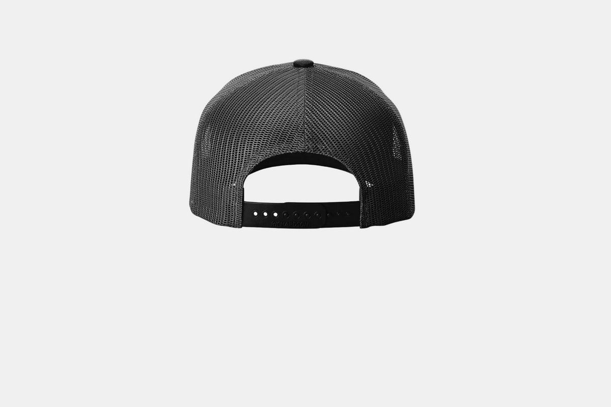 Custom Richardson 112FP five-panel trucker hat in Black, back view