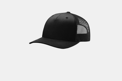 Custom Richardson 112FP five-panel trucker hat in Black, detail view