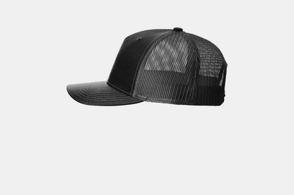 Custom Richardson 112FP five-panel trucker hat in Black, left-side view