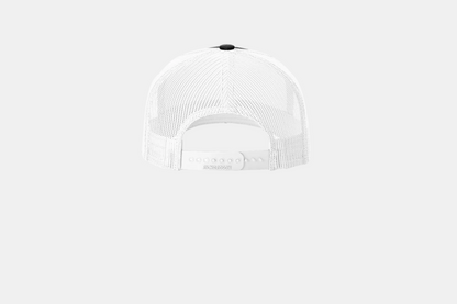 Custom Richardson 112FP five-panel trucker hat in Black/White, back view