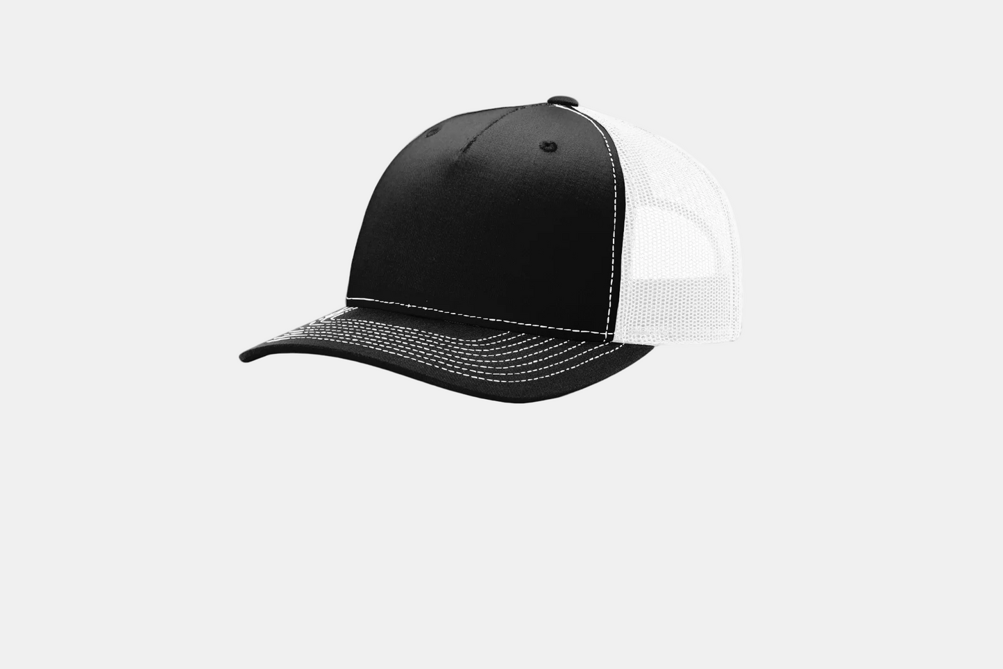 Custom Richardson 112FP five-panel trucker hat in Black/White, detail view