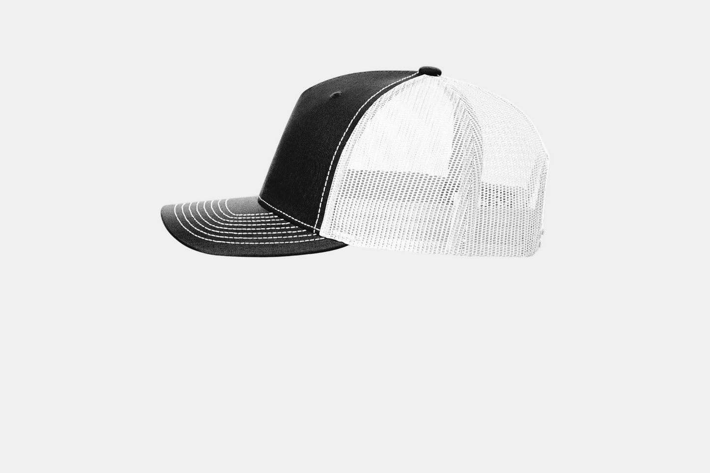 Custom Richardson 112FP five-panel trucker hat in Black/White, left-side view