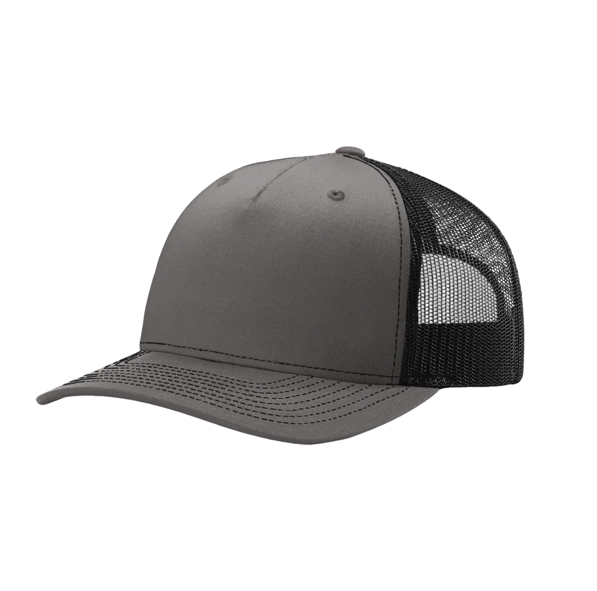Custom Richardson 112FP five-panel trucker hat in Charcoal/Black, detail view