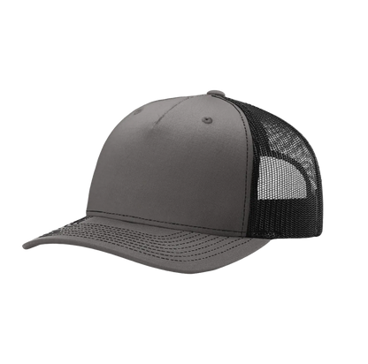 Custom Richardson 112FP five-panel trucker hat in Charcoal/Black, detail view