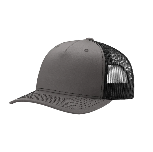 Custom Richardson 112FP five-panel trucker hat in Charcoal/Black, detail view