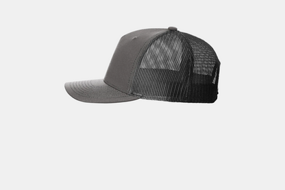 Custom Richardson 112FP five-panel trucker hat in Charcoal/Black, left-side view