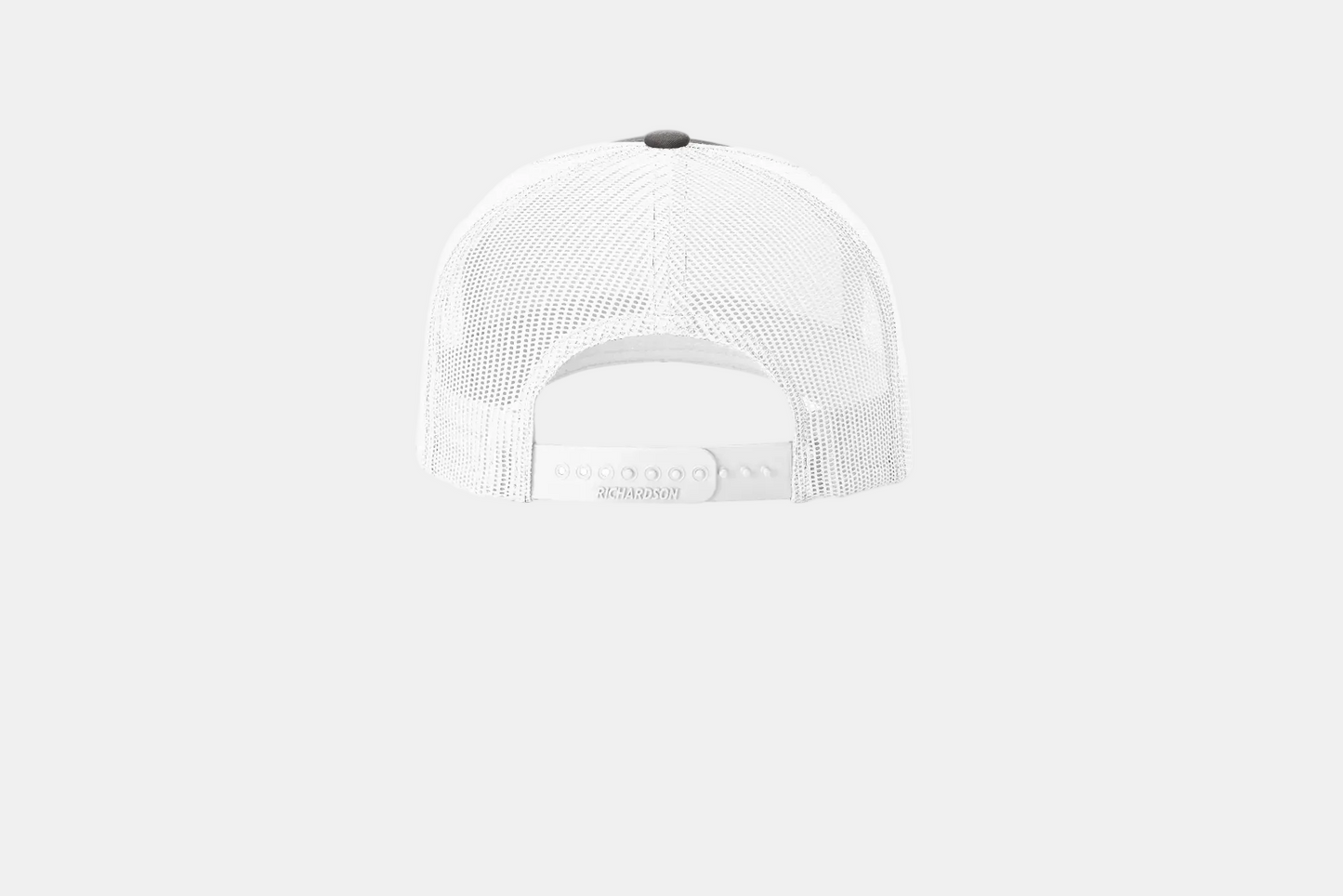 Custom Richardson 112FP five-panel trucker hat in Charcoal/White, back view