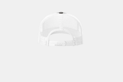 Custom Richardson 112FP five-panel trucker hat in Charcoal/White, back view