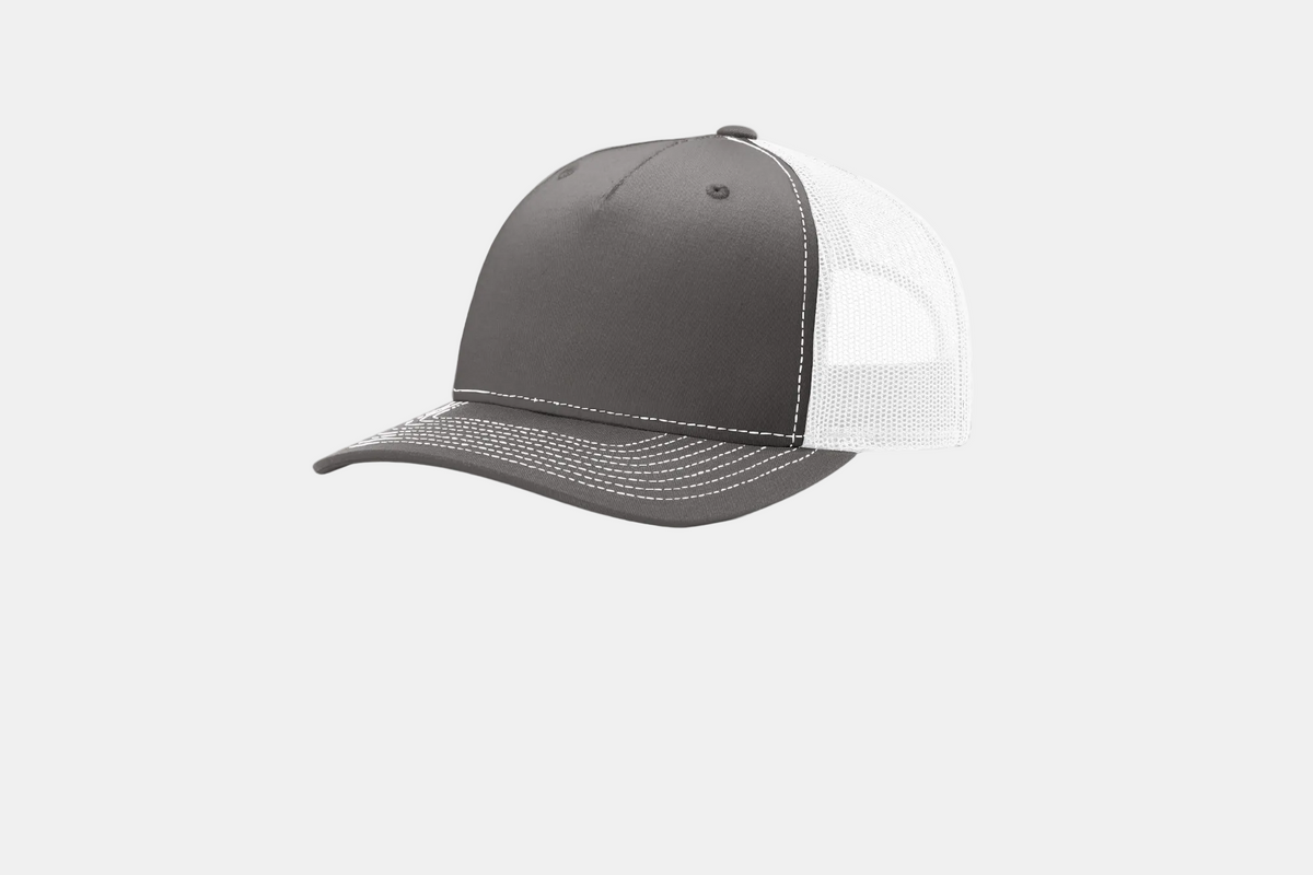 Custom Richardson 112FP five-panel trucker hat in Charcoal/White, detail view