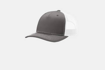 Custom Richardson 112FP five-panel trucker hat in Charcoal/White, detail view