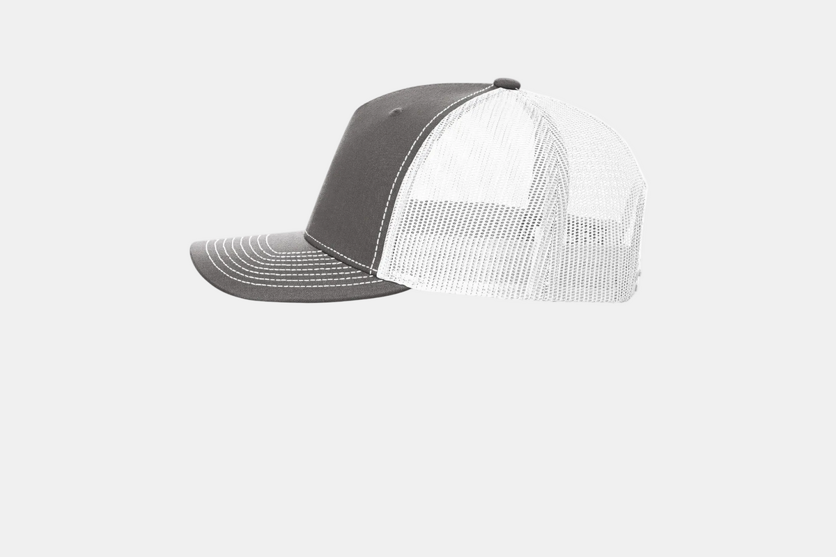 Custom Richardson 112FP five-panel trucker hat in Charcoal/White, left-side view
