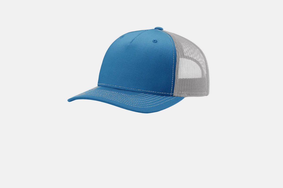 Custom Richardson 112FP five-panel trucker hat in Cobalt Blue/Gray, detail view